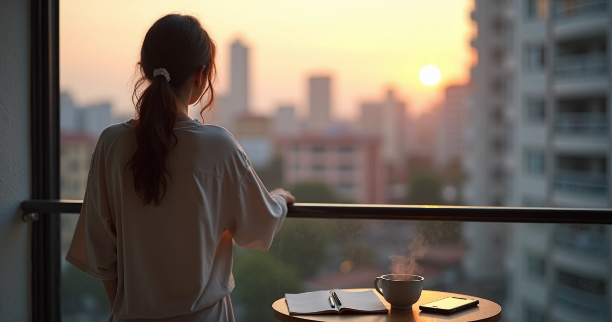 Persona apoyada en barandilla mirando amanecer sobre la ciudad con vapor de café al lado 