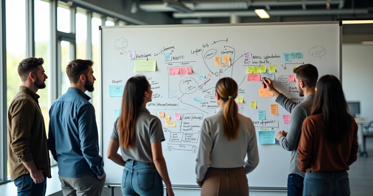 Personas de pie frente a una pizarra escribiendo metas claras. 
