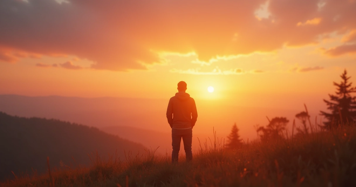 Pessoa olhando para o horizonte com luz suave ao entardecer 