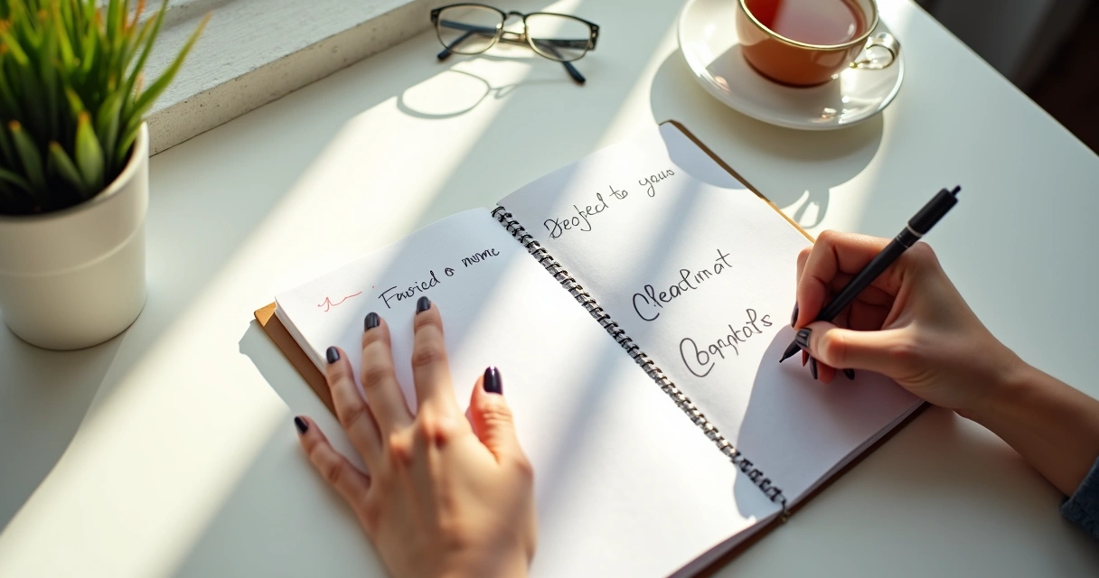 Pessoa escrevendo metas em caderno branco, com luz do sol na mesa. 
