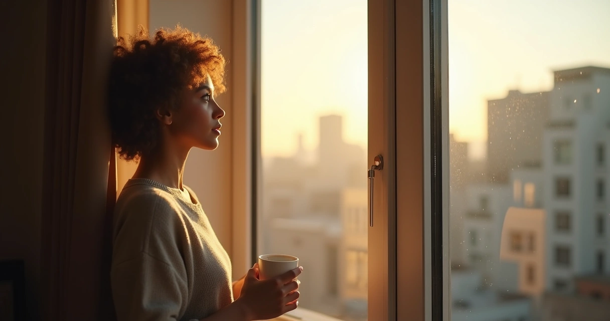 Pessoa olhando pela janela com expressão refletiva, segurando um copo de café