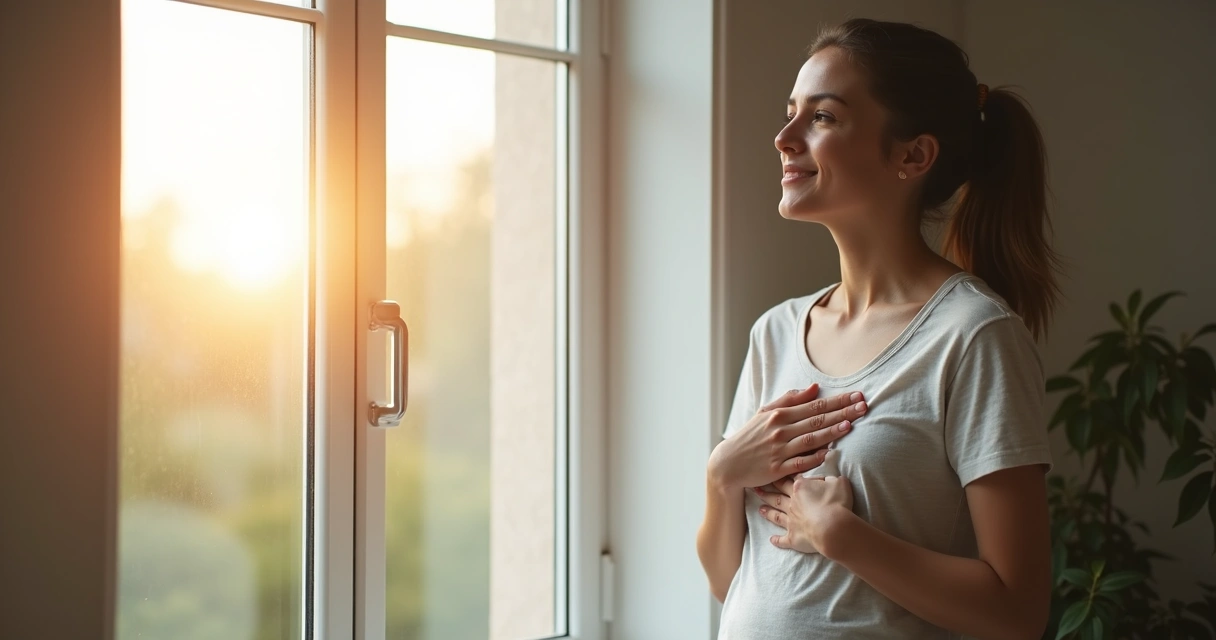 Pessoa tranquila próxima a janela com luz natural, parecendo calma