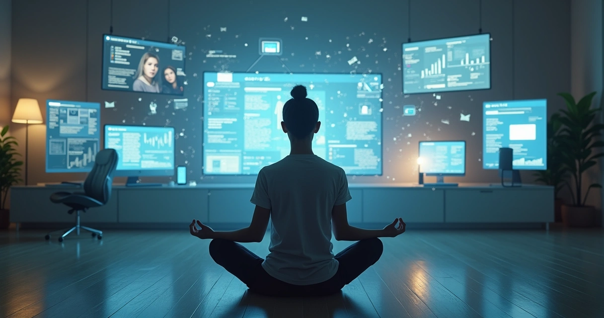 Pessoa serena sentada em meio a telas e ícones de informação mantendo foco e clareza interna 