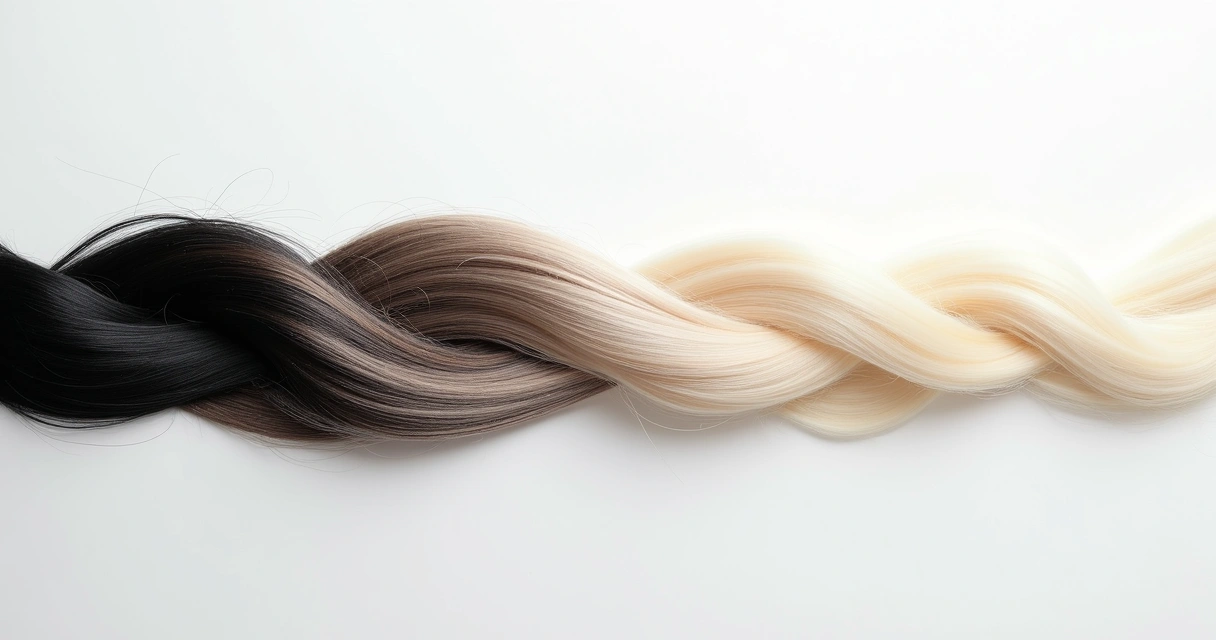 Comparação de mechas descoloridas, desde preto até platinado em fundo branco 