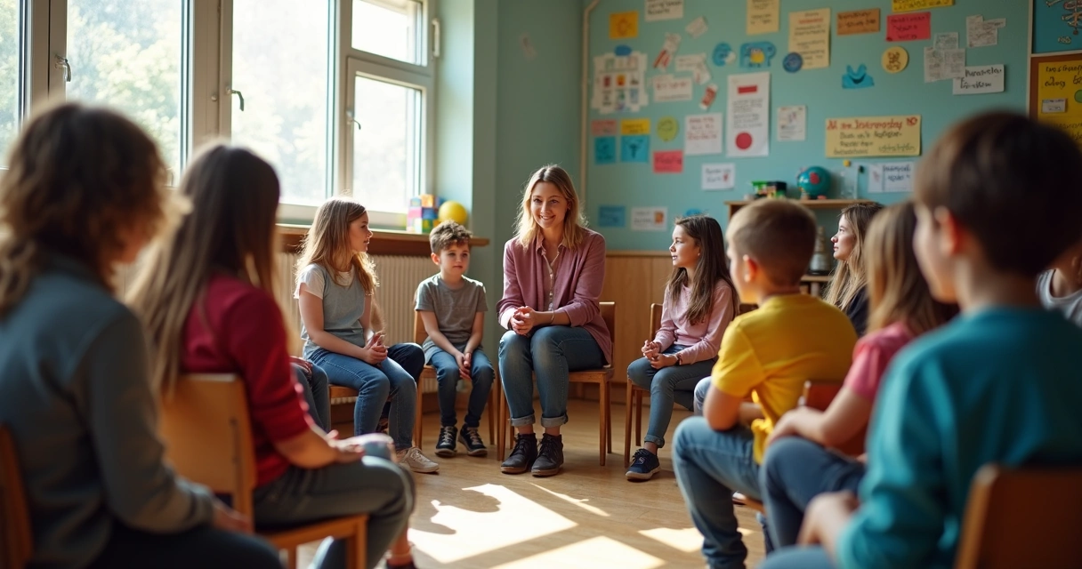 Estudiantes sentados en círculo en una clase, practicando comunicación asertiva con la docente al centro 