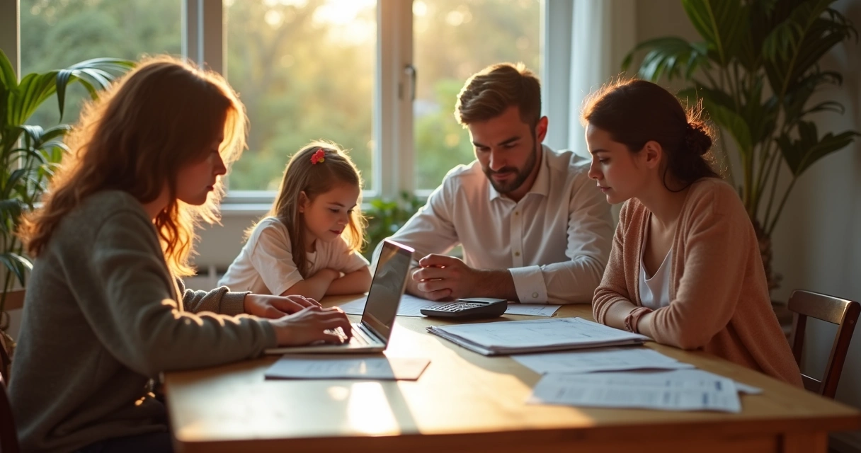 Família urbana de classe média alta analisando papéis em casa 