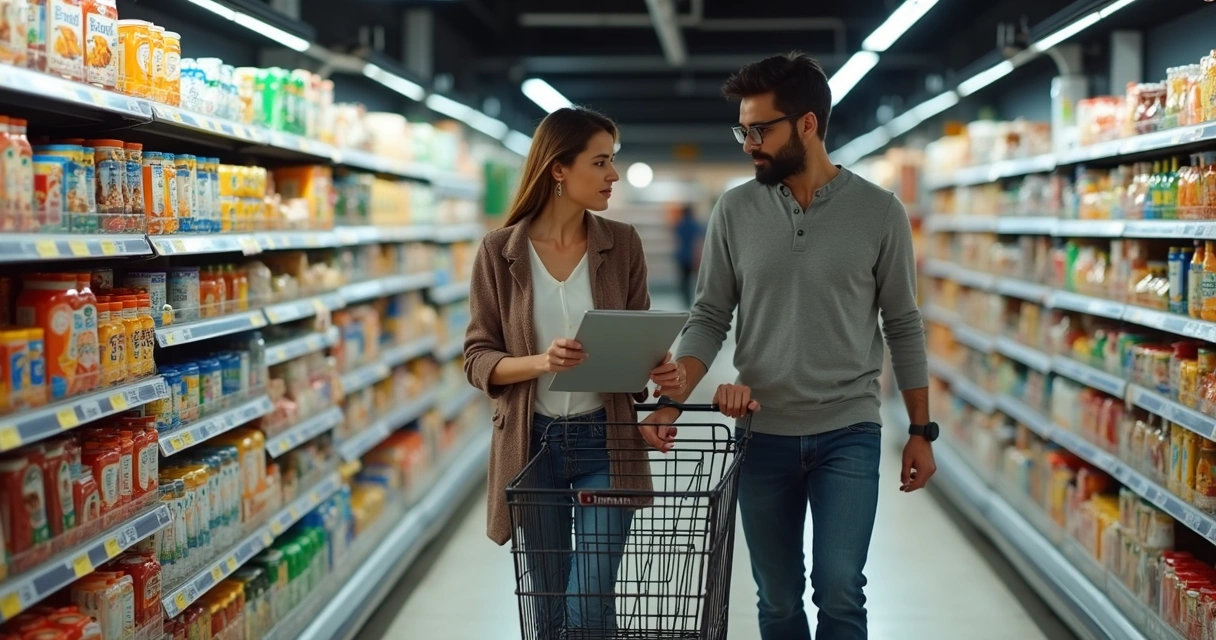 Casal de classe média em supermercado analisando preços na gôndola 