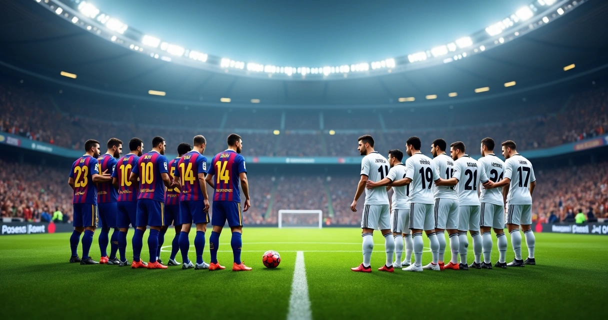 Jogadores de Barcelona e Real Madrid prestes a disputar uma bola