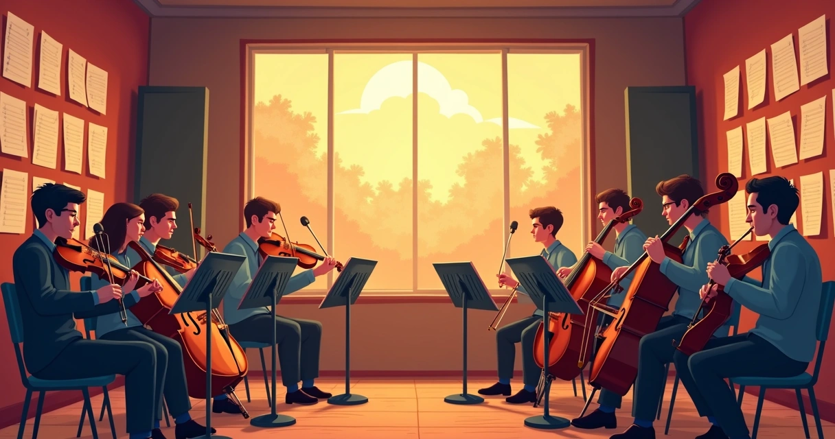 Estúdio antigo com músicos gravando trilha sonora para desenho animado 