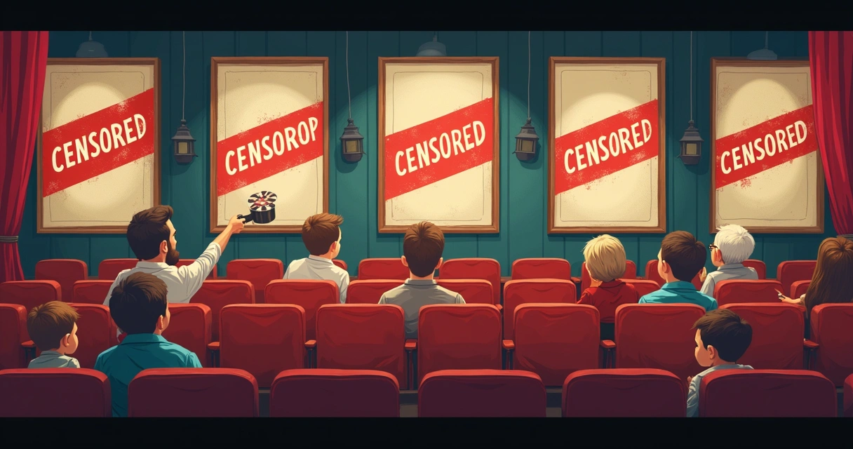 Ilustração de uma sala de cinema antiga com cartazes de filmes clássicos e faixas de censura sobre alguns deles