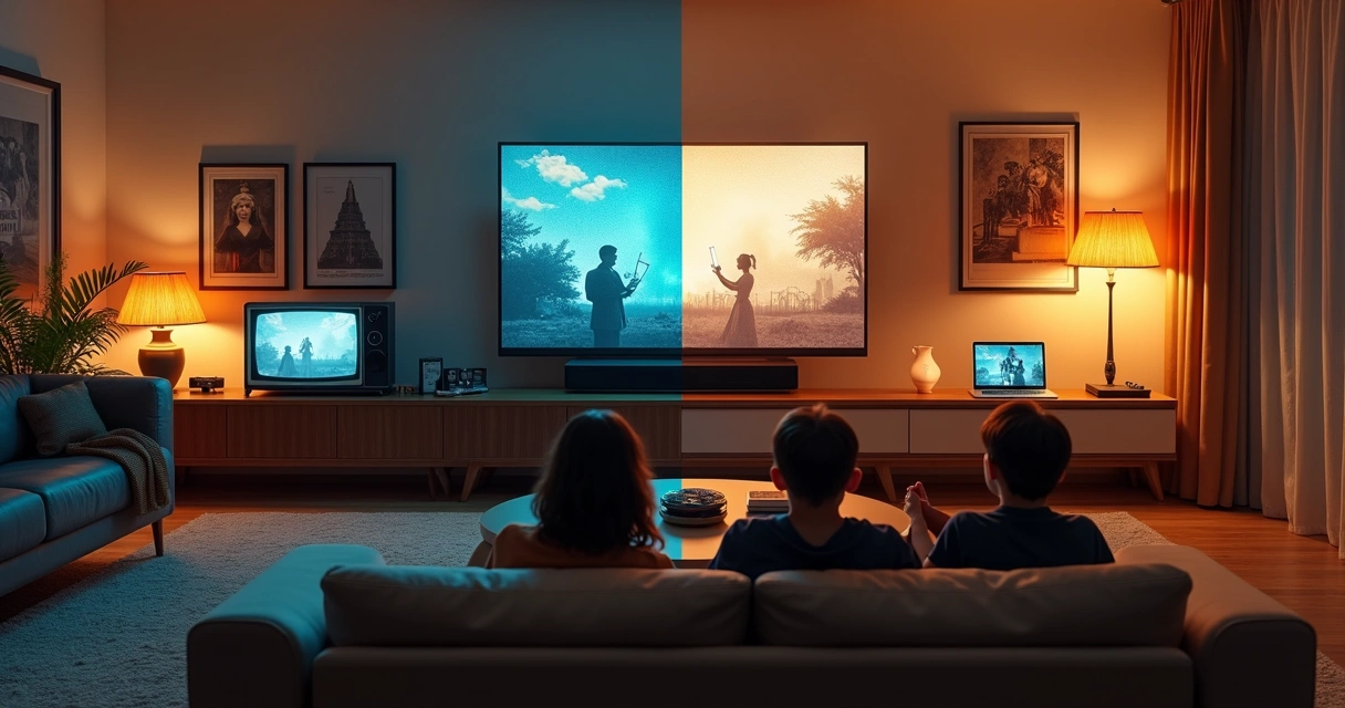 Cena dividida mostrando clássicos do cinema ao lado de produções modernas em um mesmo ambiente 