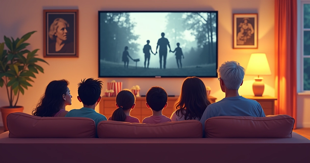 Família reunida assistindo a filmes clássicos na TV 
