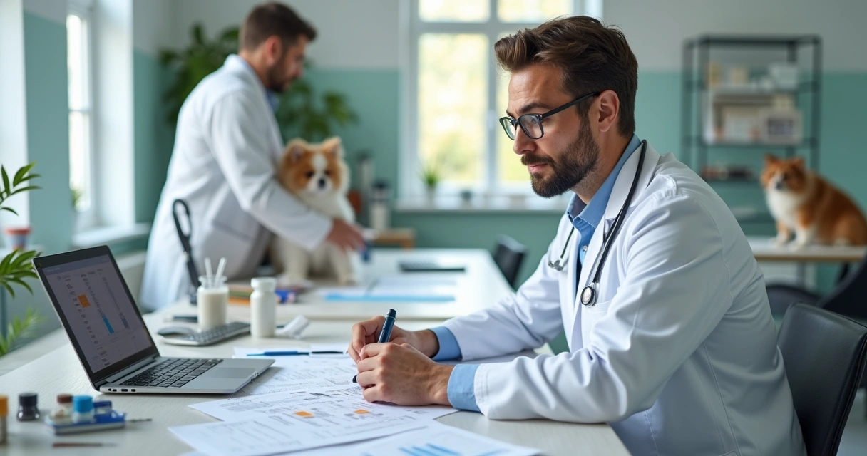 Veterinário analisando documentos fiscais em mesa de escritório veterinário 