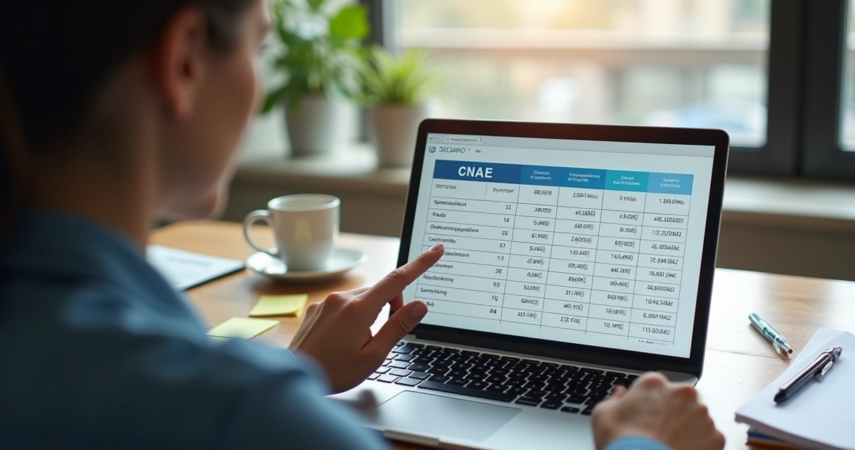Pessoa analisando tabela de códigos CNAE na tela do notebook 