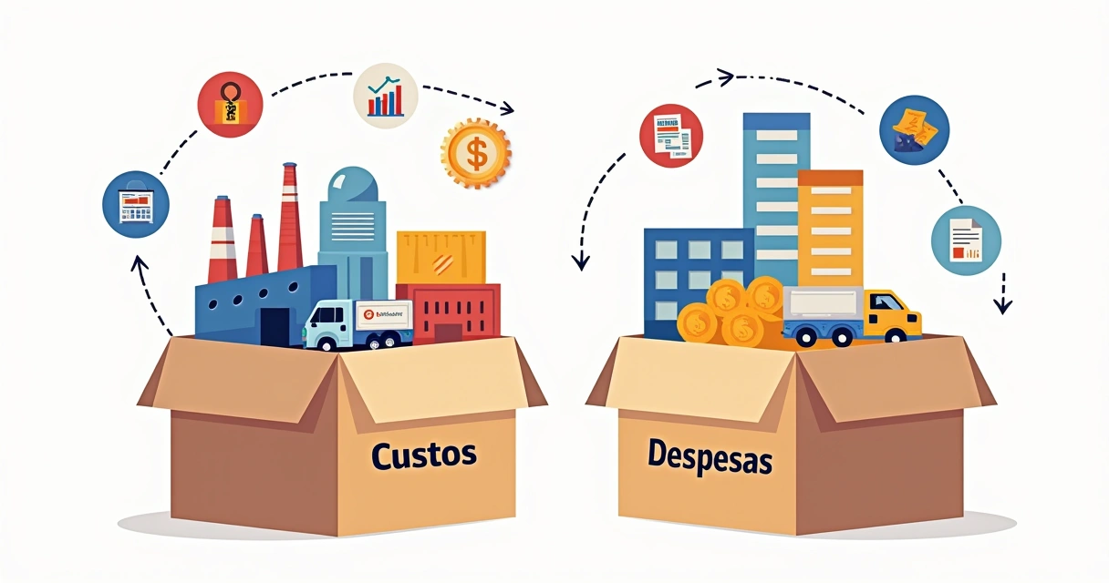 Gráfico ilustrativo separando custos e despesas por categoria, com setas indicando exemplos do cotidiano