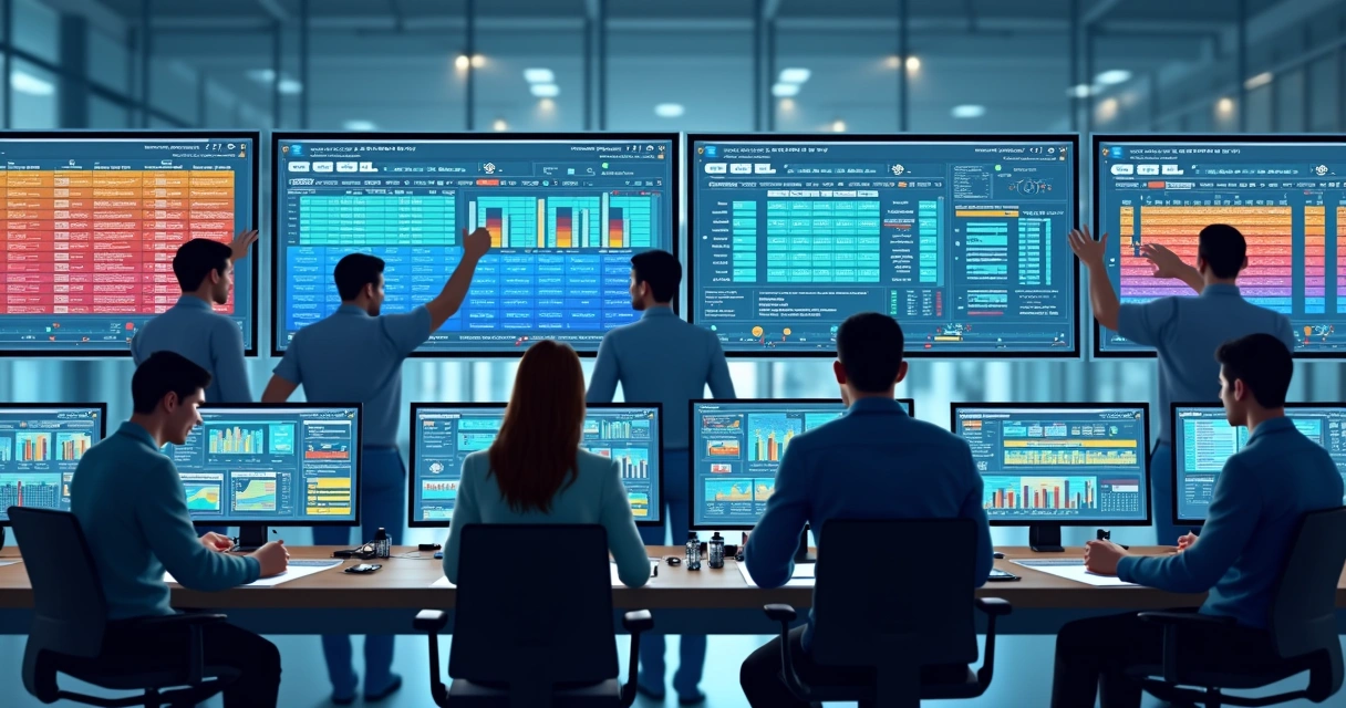 Profissionais organizando colunas de dados em computadores 