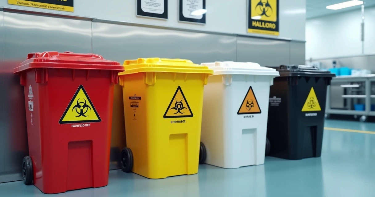 Diversas embalagens coloridas para resíduos de saúde alinhadas em uma bancada, cada uma identificada com etiquetas específicas e símbolos de risco 