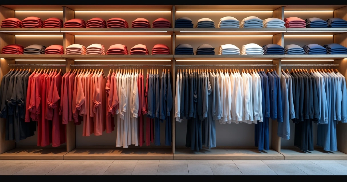 Roupas organizadas por cor e modelo em prateleiras de loja 