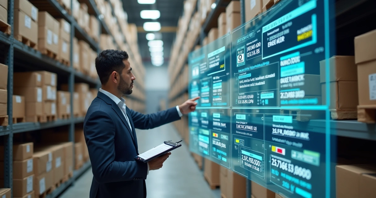 Profissional organizando produtos em prateleira enquanto analisa códigos fiscais em tela digital 
