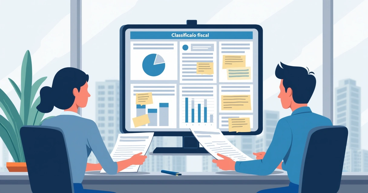 Profissionais analisando classificação fiscal em escritório contábil
