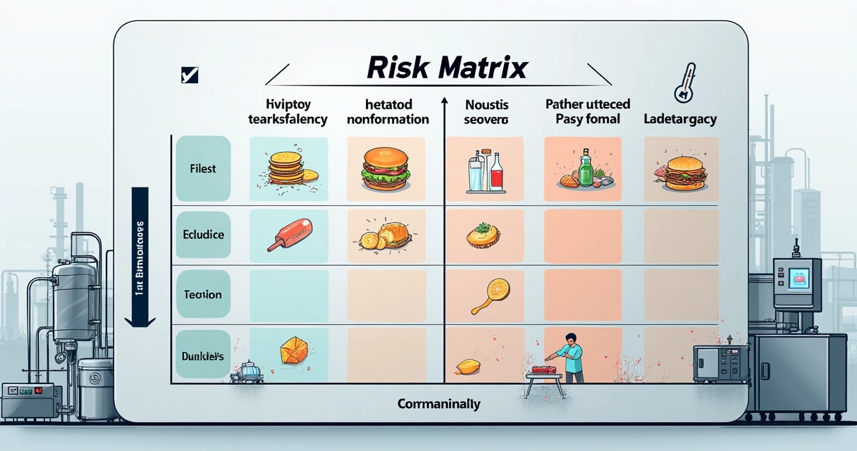 Desenho mostrando matriz de risco com exemplos de não conformidades na indústria de alimentos.