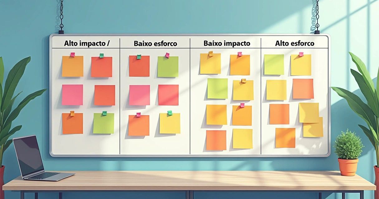 Quadro Kanban com colunas de impacto e esforço, post-its coloridos organizados 