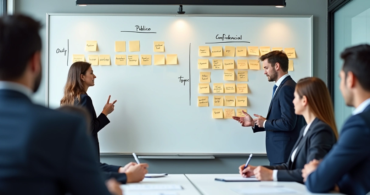 Quadro branco usado para classificar dados por níveis de acesso