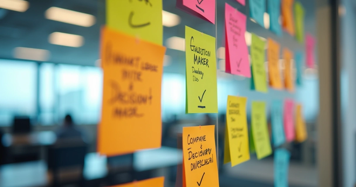 Notas adesivas coloridas com critérios de classificação de leads em uma parede 