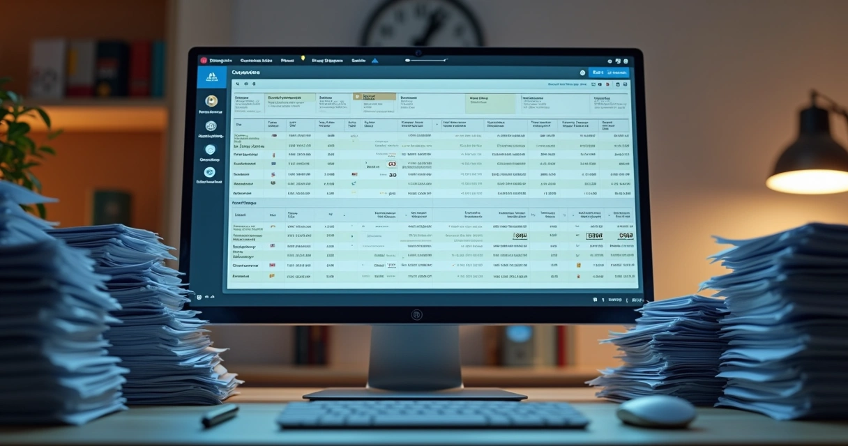Software processando múltiplas notas fiscais em tela de computador 