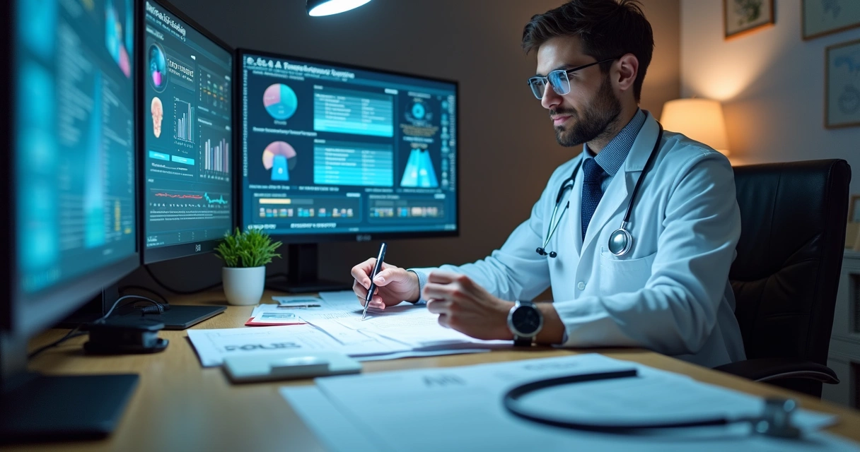 Profissional da saúde analisando documentos e gráficos em escritório 