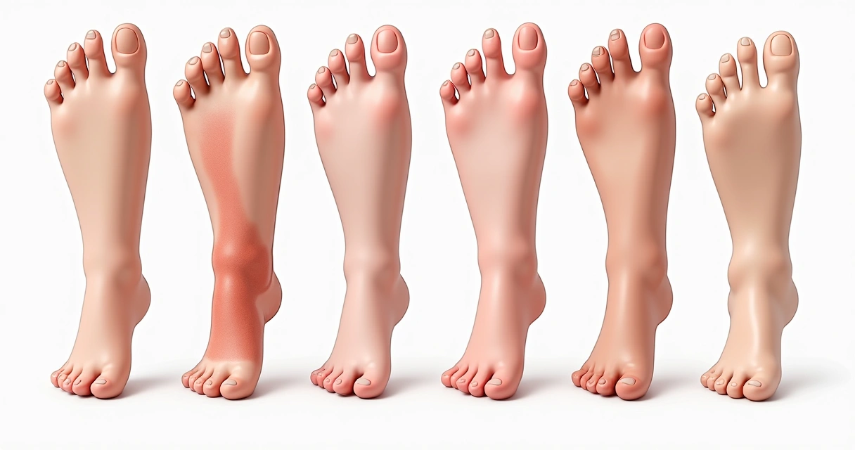 Ilustração médica de varizes nas pernas classificadas por tipos com cores distintas e legenda detalhada em fundo branco 