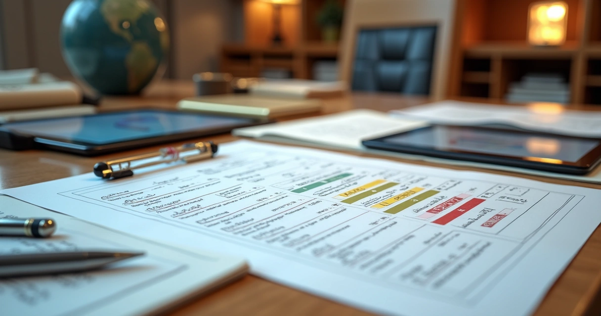 Checklist of engineering consultant classifications, with documents and approval stamps on a board. 