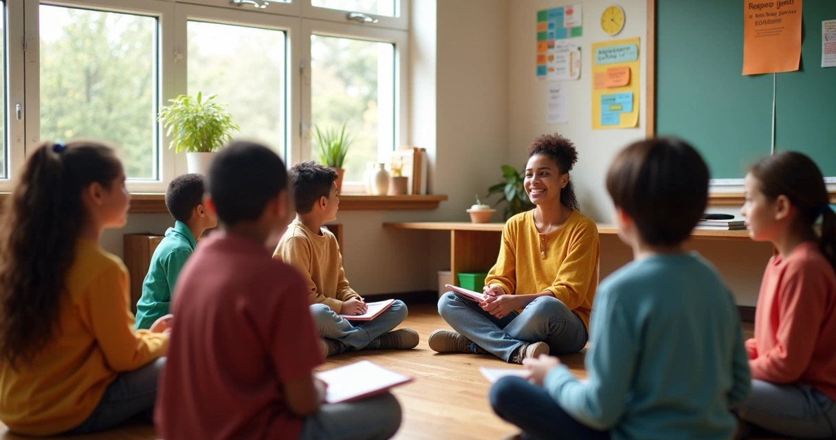 Students and teacher in a classroom circle discussion