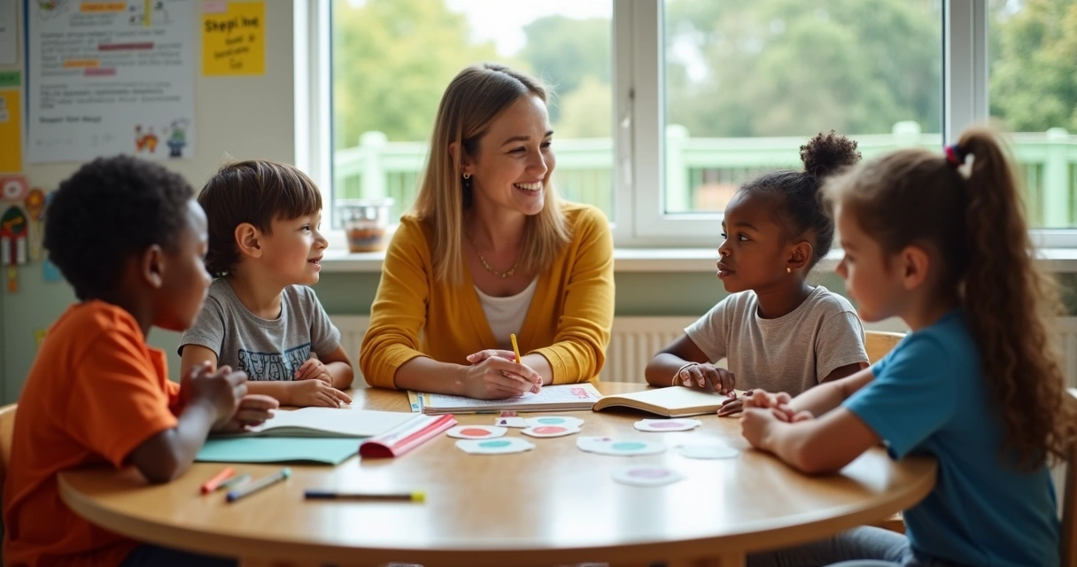 Teacher sitting with students at a table addressing conflict in classroom 
