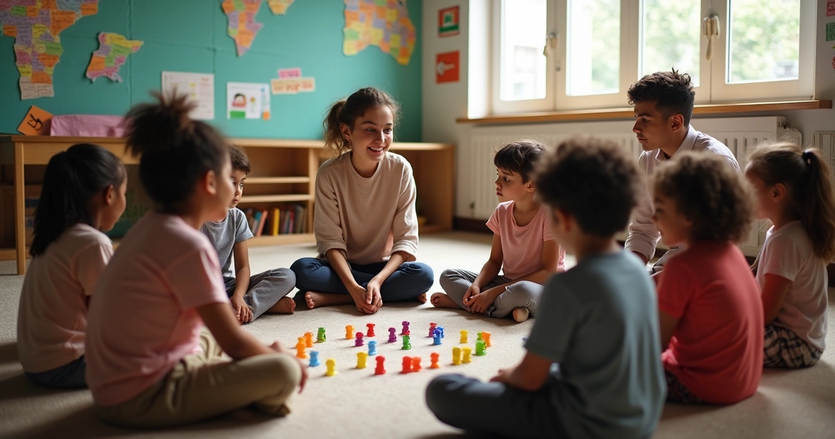 Classroom scene with diverse students and teacher interacting around a circle on the floor 