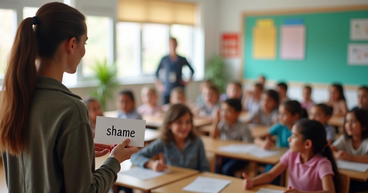 Teacher speaking to students about emotions in classroom setting 