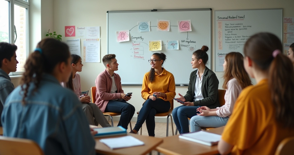 High school students and teacher in a circle discussing emotions in a classroom 