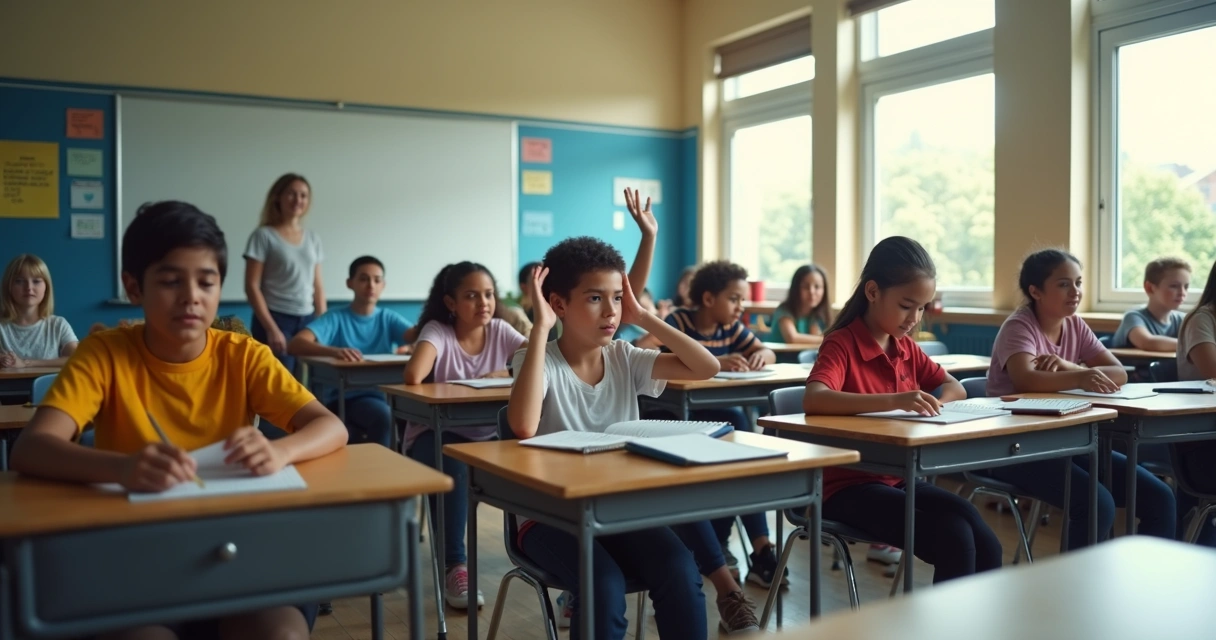 Students in a classroom reacting to social cues and teacher attention 
