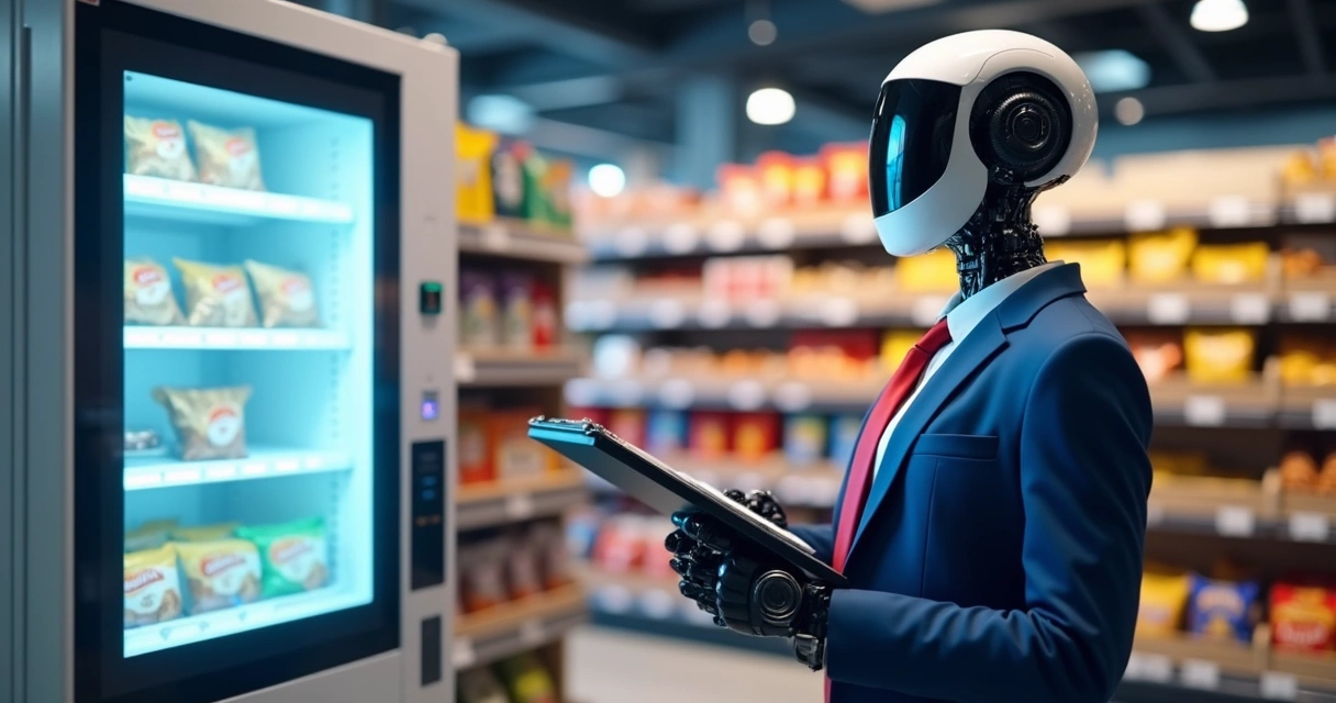 Painel de controle digital de máquina de venda com notificações e um robô com blazer azul e gravata vermelha