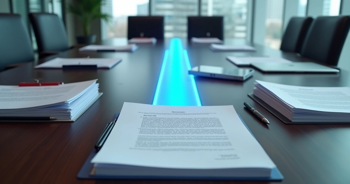 Mesa de negociação vista de cima com dois lados iguais ligados por linha azul traduzindo cláusulas rápidas 