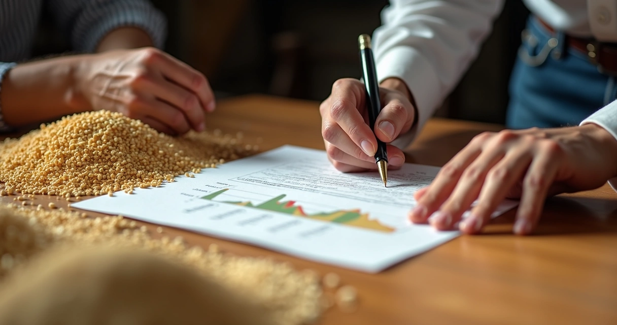 Detalhe de mãos assinando contrato agrícola com gráfico de preços impresso 