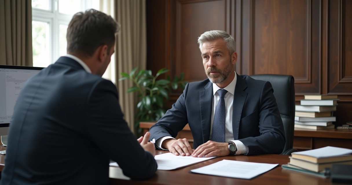 Advogado revisando contrato com cláusulas de não concorrência, documentos na mesa, atmosfera profissional. 