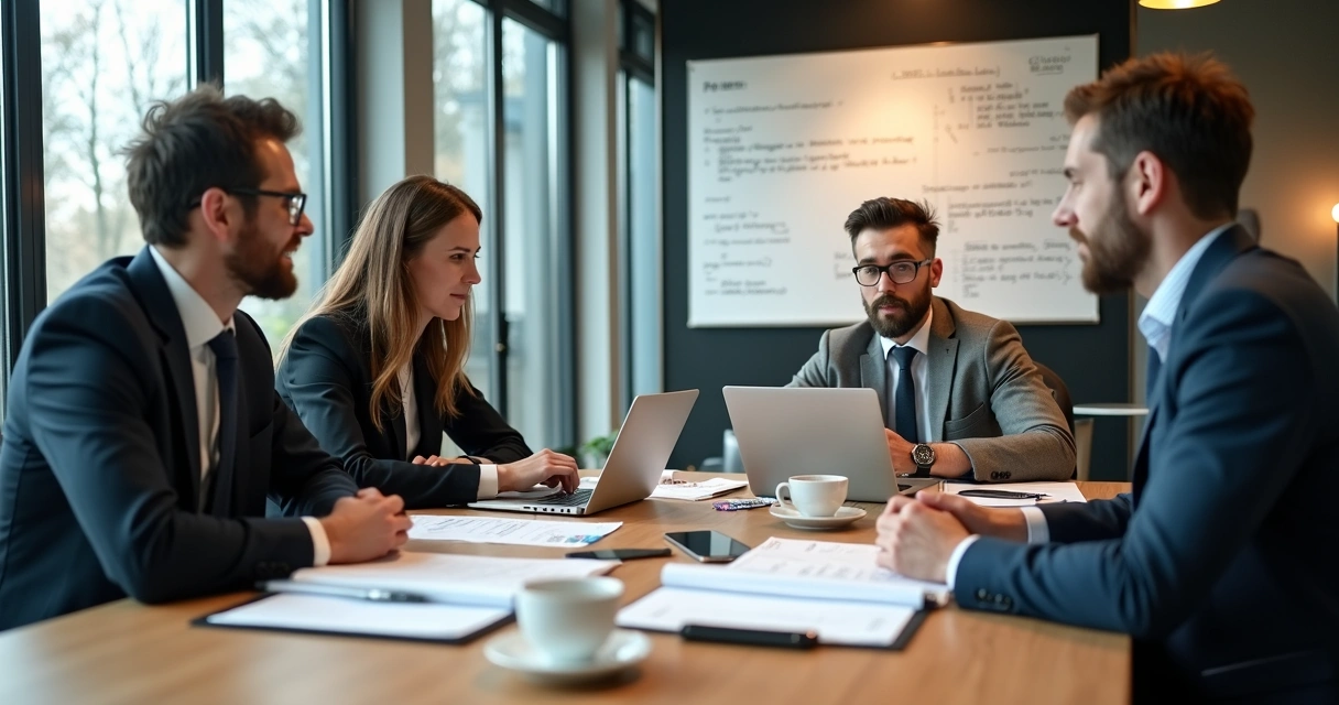Sócios de startup discutindo documentação de propriedade intelectual em mesa de reunião