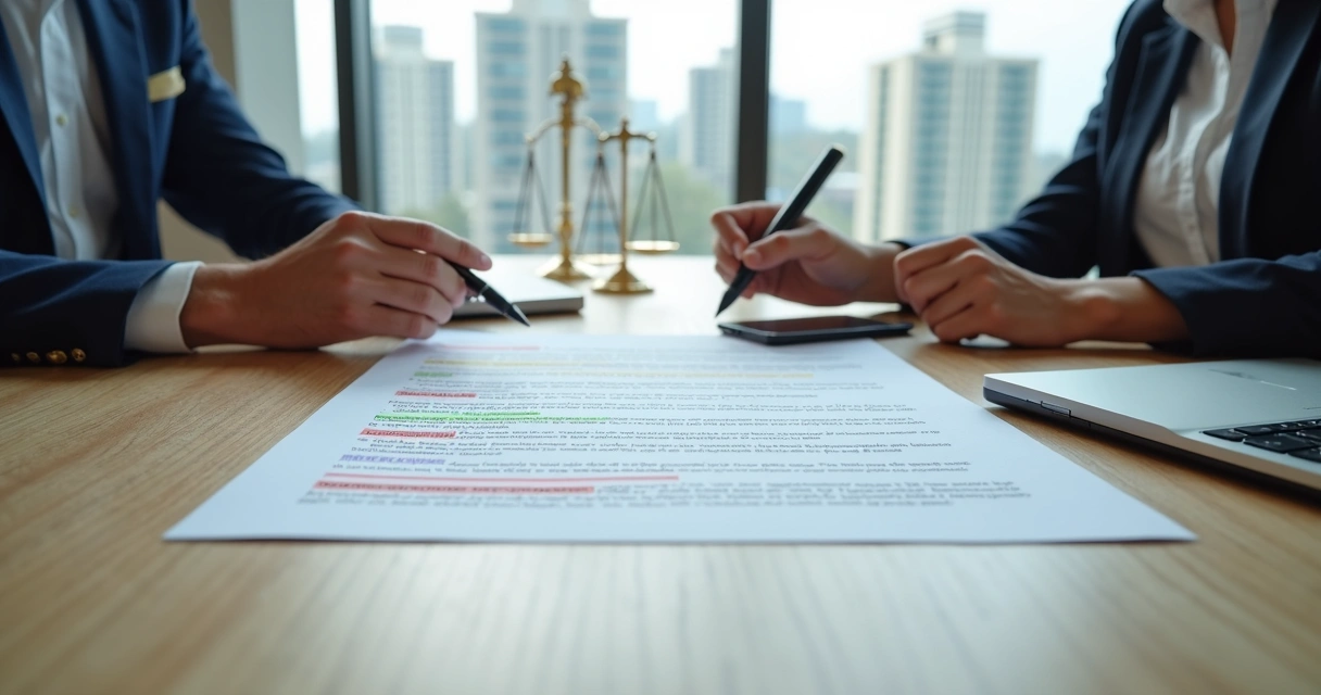 Proprietário e inquilino analisando contrato de aluguel com destaque para cláusulas em vermelho 