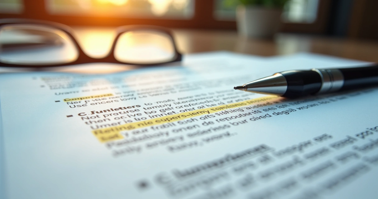 Páginas de contrato com cláusulas destacadas em amarelo 