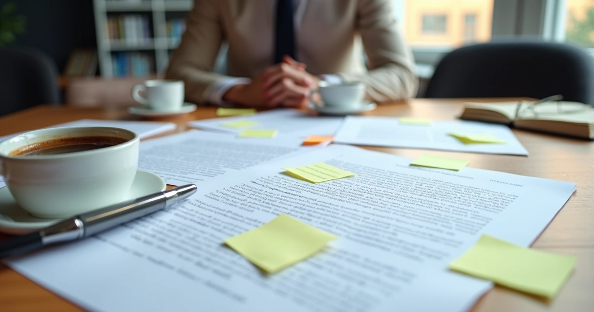 Mesa de escritório com folhas destacando cláusulas contratuais sublinhadas 