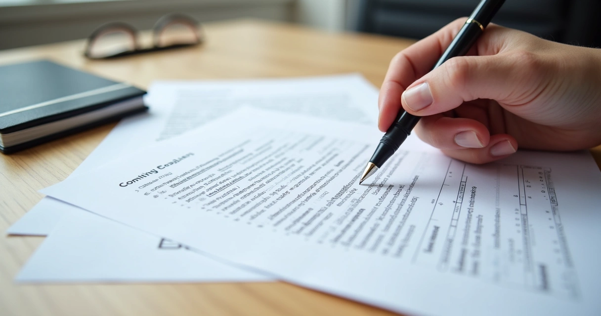 Lista de cláusulas de contrato de locação impressa sobre mesa de madeira clara 