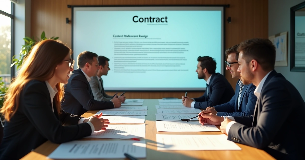 Contrato de prestação de serviços com cláusulas destacadas em sala de reunião 