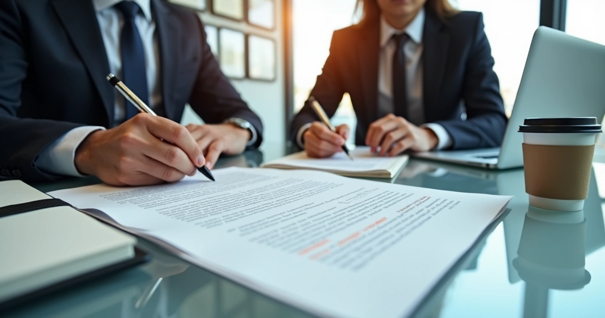 Advogado e contador analisando contrato de prestação de serviços em mesa de escritório