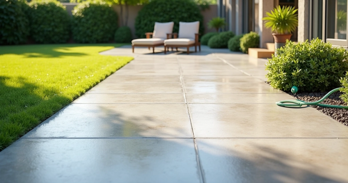 Clean concrete driveway with outdoor furniture and green lawn 